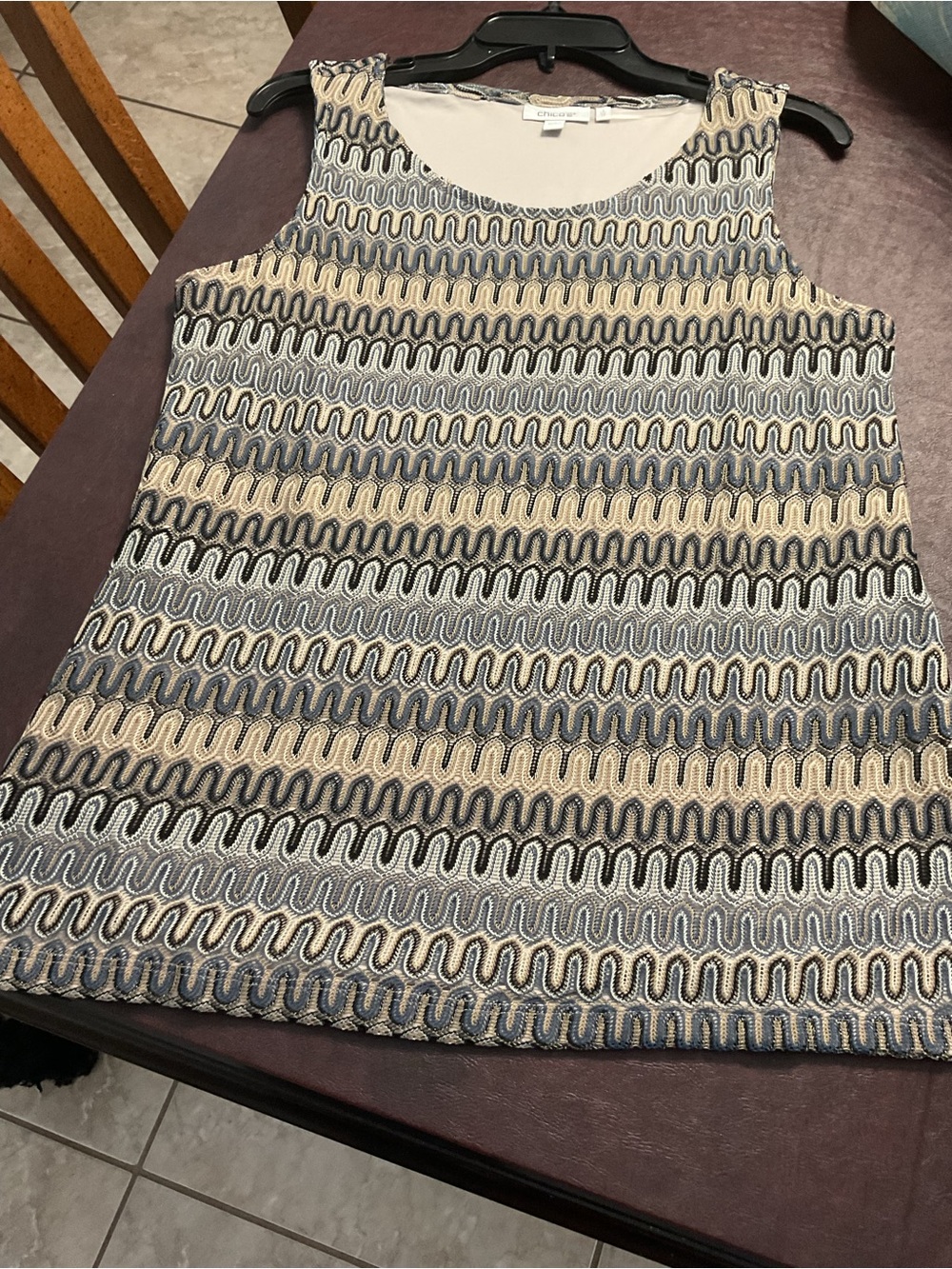 Chico's Beige, Black & blue Wave-Pattern Sleeveless tank